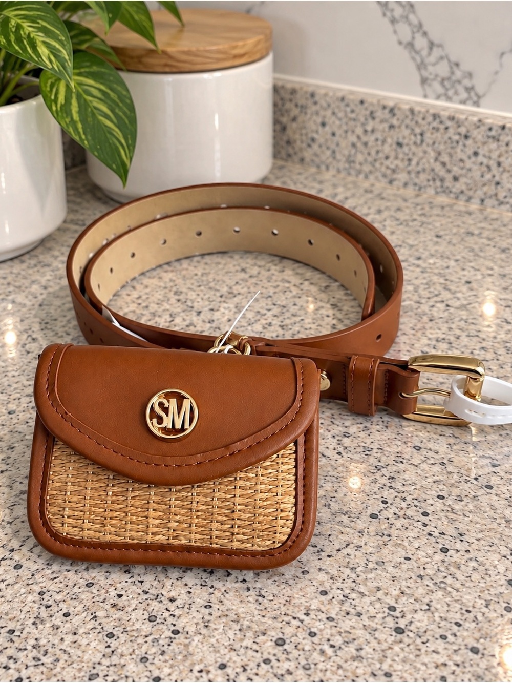 Steve Madden Brown Woven Leather Belt Bag with Gold Logo